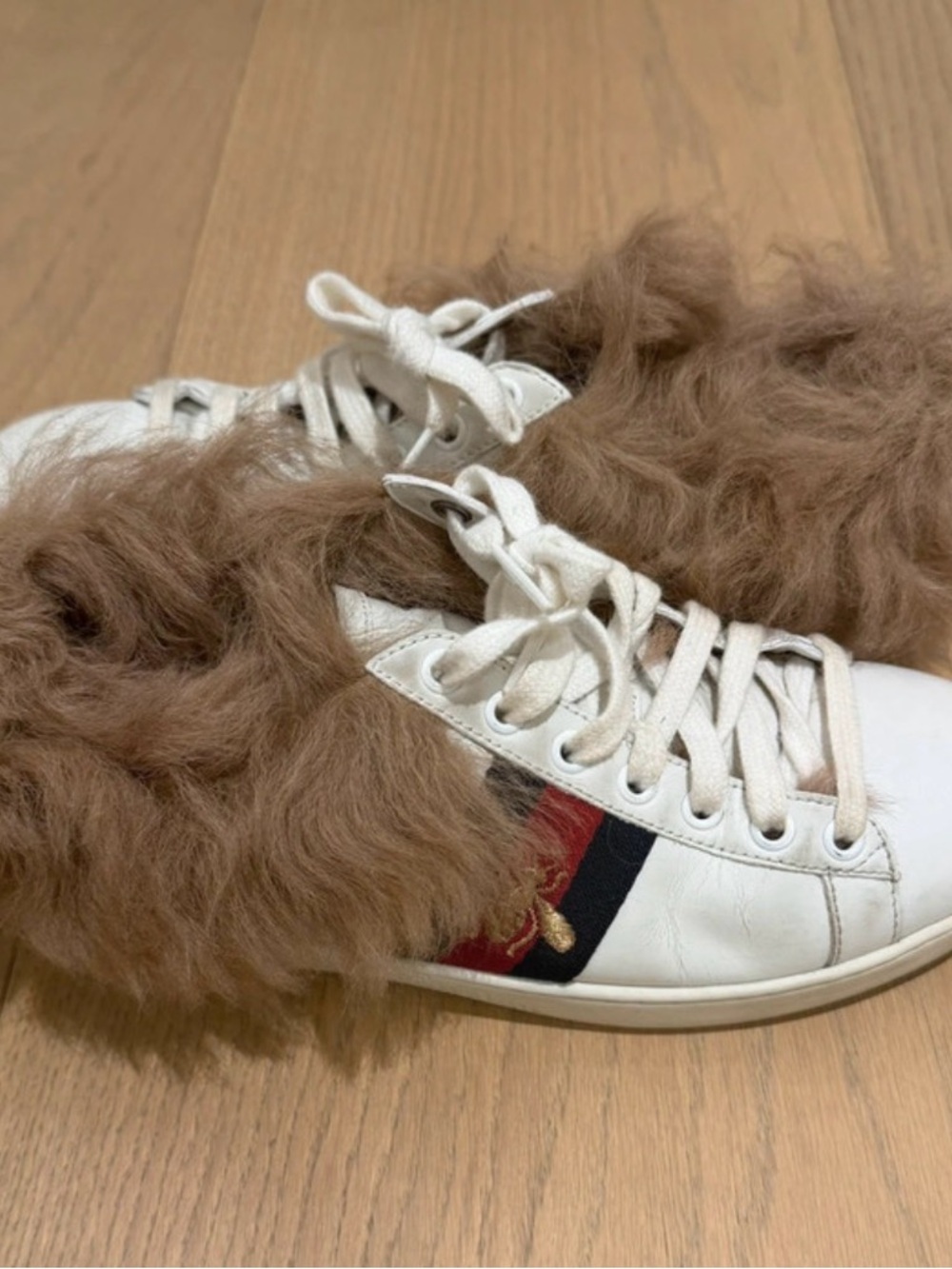 Gucci White Sneakers with Brown Fur and Red/Blue Web